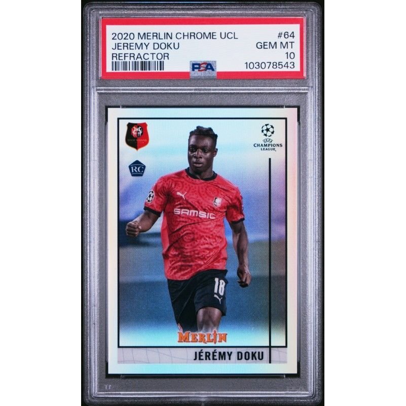 2020 Topps Merlin Chrome Uefa Champions League #64 Jeremy Doku Refractor PSA 10: graded slab, front view