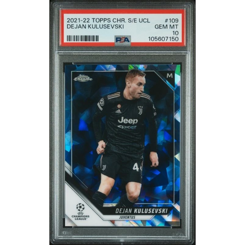 2021-2022 Topps Chrome Sapphire Edition Uefa Champions League #109 Dejan Kulusevski PSA 10: graded slab, front view