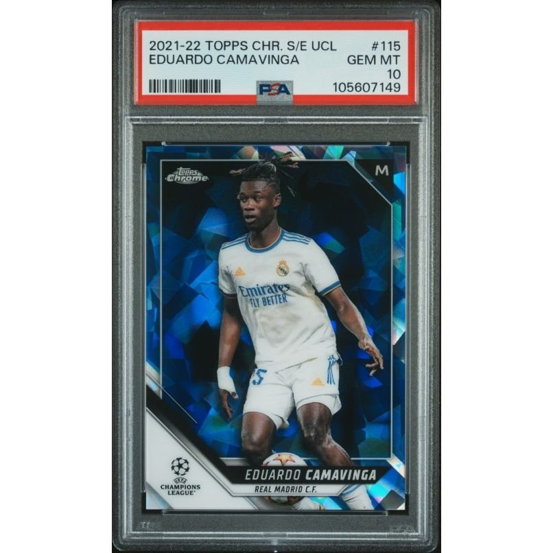 2021-2022 Topps Chrome Sapphire Edition Uefa Champions League #115 Eduardo Camavinga PSA 10: graded slab, front view