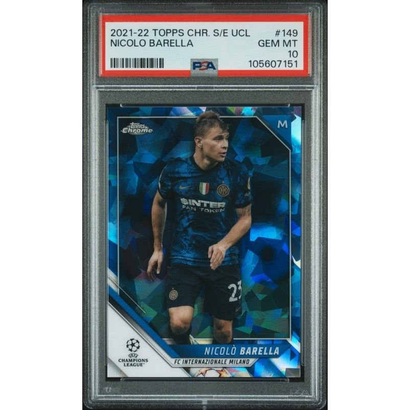 2021-2022 Topps Chrome Sapphire Edition Uefa Champions League #149 Nicolo Barella PSA 10: graded slab, front view
