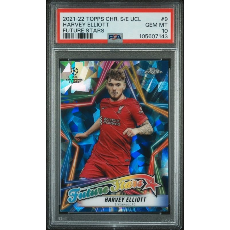 2021-2022 Topps Chrome Sapphire Edition Uefa Champions League Future Stars #9 Harvey Elliott Future Stars PSA 10: graded slab, front view