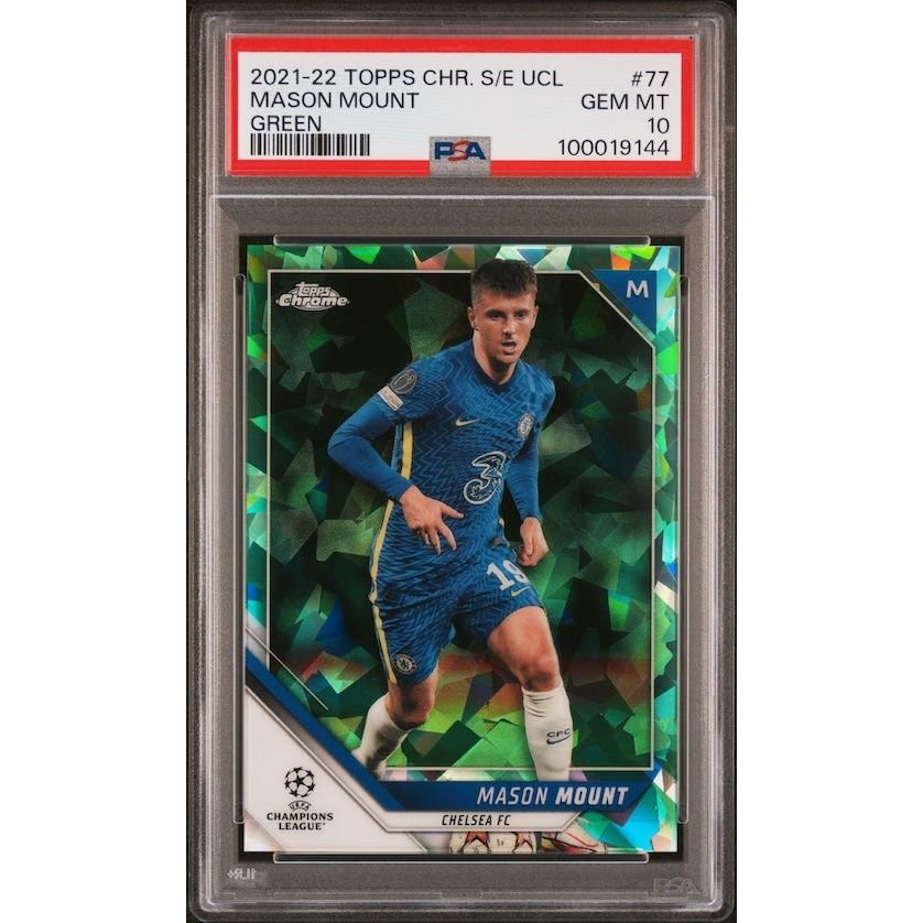 2021-2022 Topps Chrome Sapphire Edition UEFA Champions League #77 Mason Mount (#'d 54/75) Green PSA 10: graded slab, front view