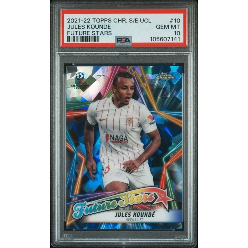 2021-2022 Topps Chrome Sapphire Edition Uefa Champions League Future Stars #10 Jules Kounde Future Stars PSA 10: graded slab, front view
