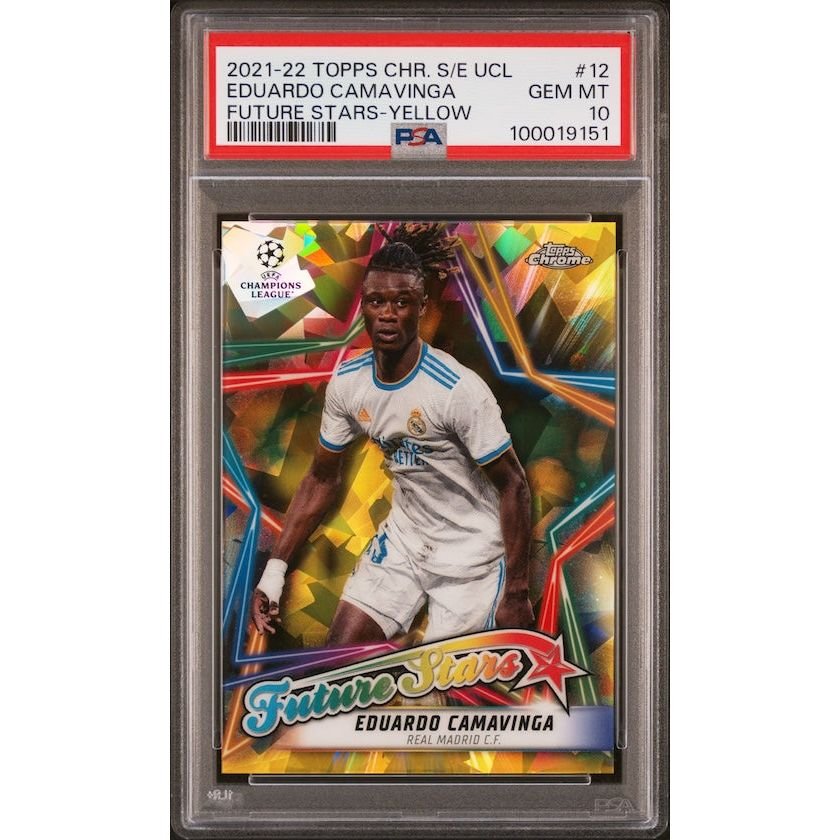 2021-2022 Topps Chrome Sapphire Edition UEFA Champions League Future Stars #12 Eduardo Camavinga Future Stars-Yellow (#'d 40/99) PSA 10: graded slab, front view