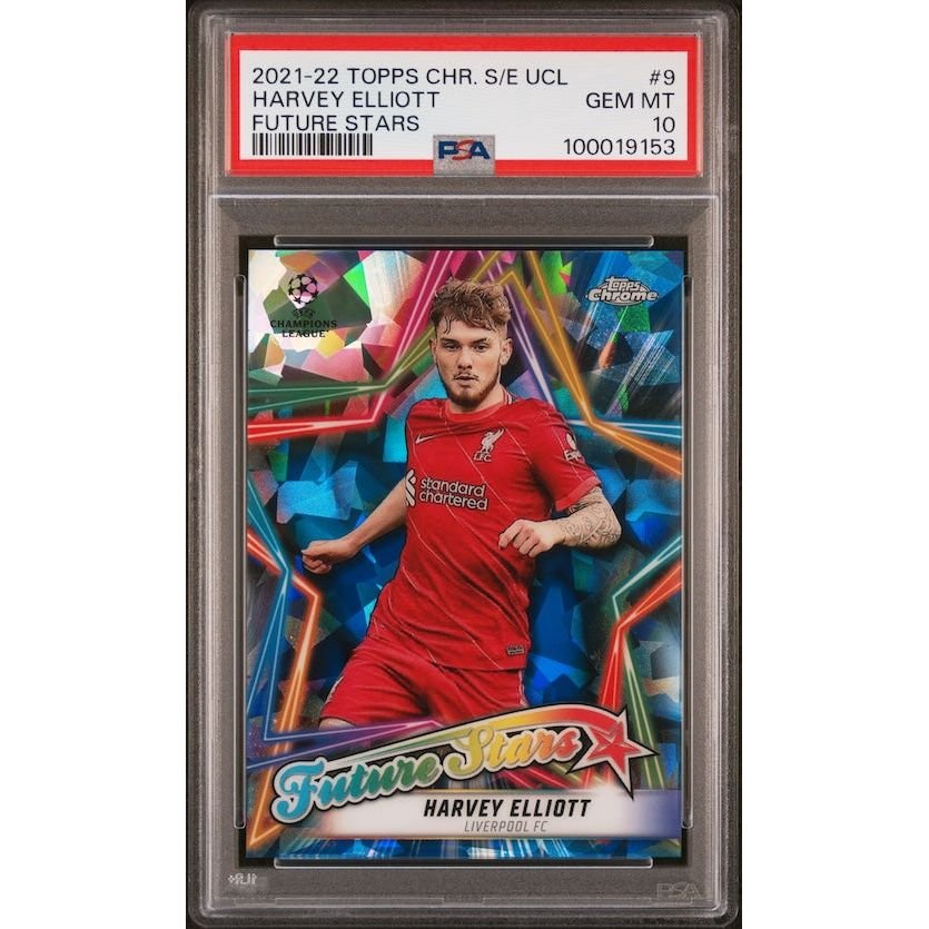 2021-2022 Topps Chrome Sapphire Edition UEFA Champions League Future Stars #9 Harvey Elliott Future Stars PSA 10: graded slab, front view