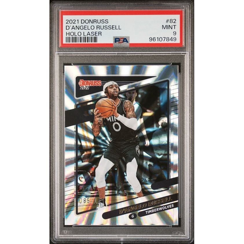 2021 Panini NBA Donruss #82 D’Angelo Russell Holo Laser (#'d 085/149) PSA 9: graded slab, front view