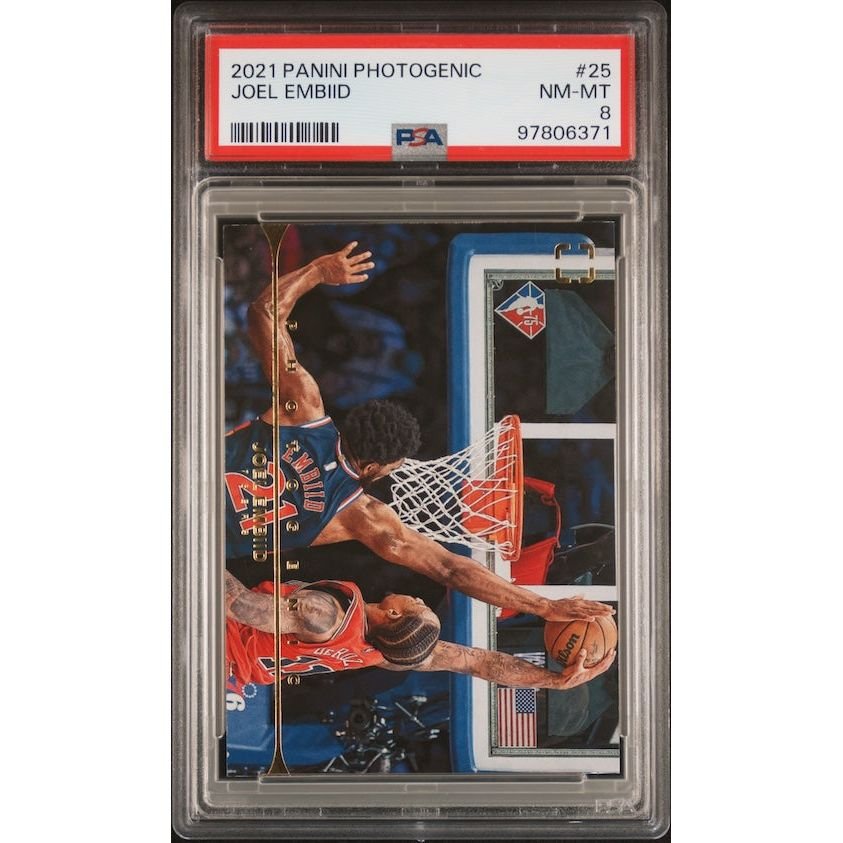 2021 Panini Photogenic #25 Joel Embiid PSA 8: graded slab, front view