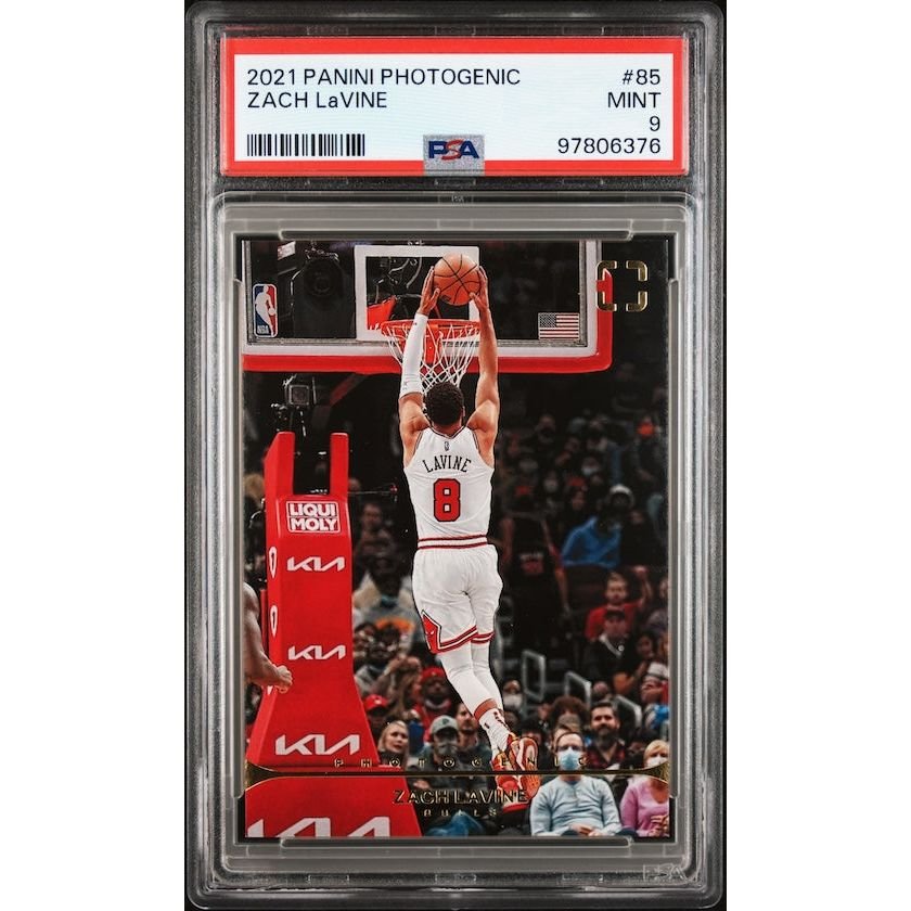 2021 Panini Photogenic #85 Zach Lavine PSA 9: graded slab, front view