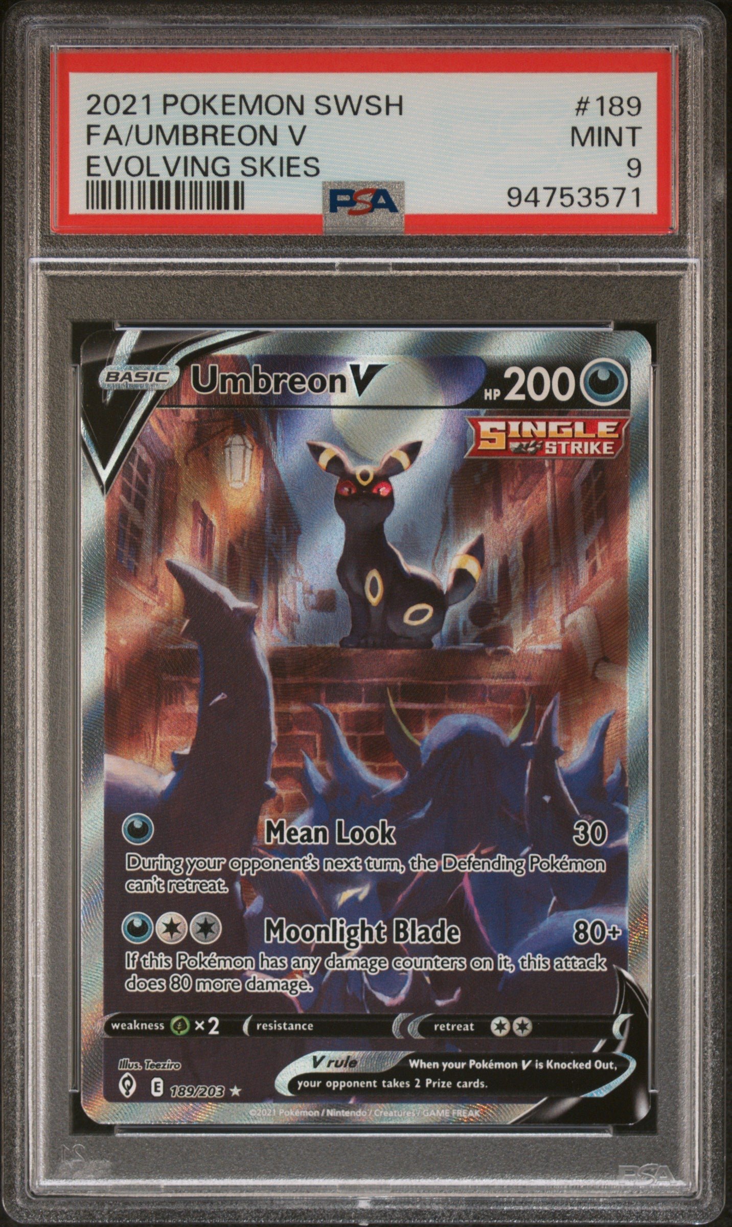 2021 Pokemon Umbreon V 189/203 Evolving Skies PSA 9: PSA graded slab, grade 9, front view