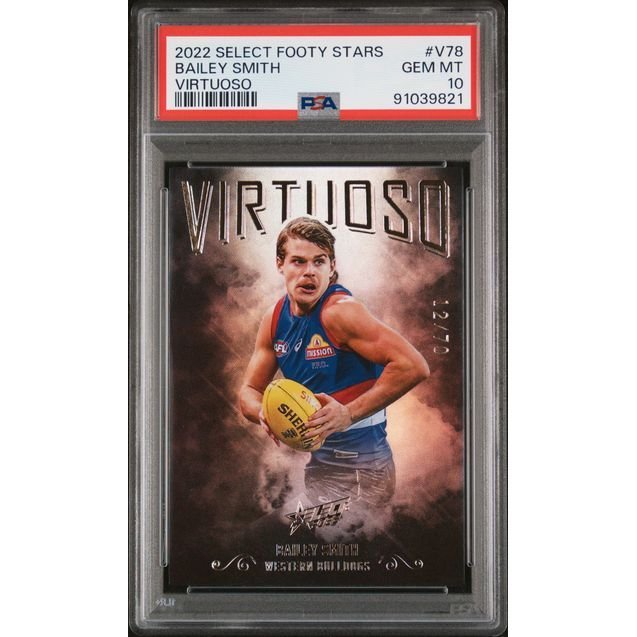 2022 Select AFL Footy Stars Virtuoso - Bailey Smith V78 (#'d 12/70) - PSA 10 (GEM MINT): graded slab, front view