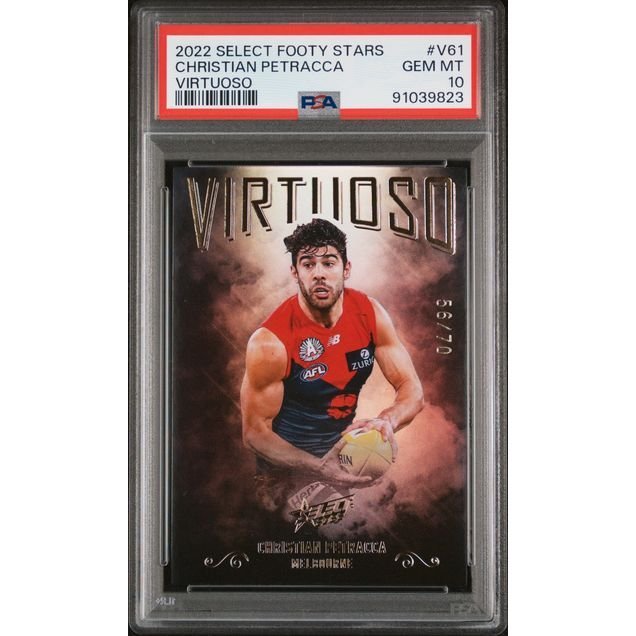 2022 Select AFL Footy Stars Virtuoso - Christian Petracca V61 (#'d 56/70) - PSA 10 (GEM MINT): graded slab, front view