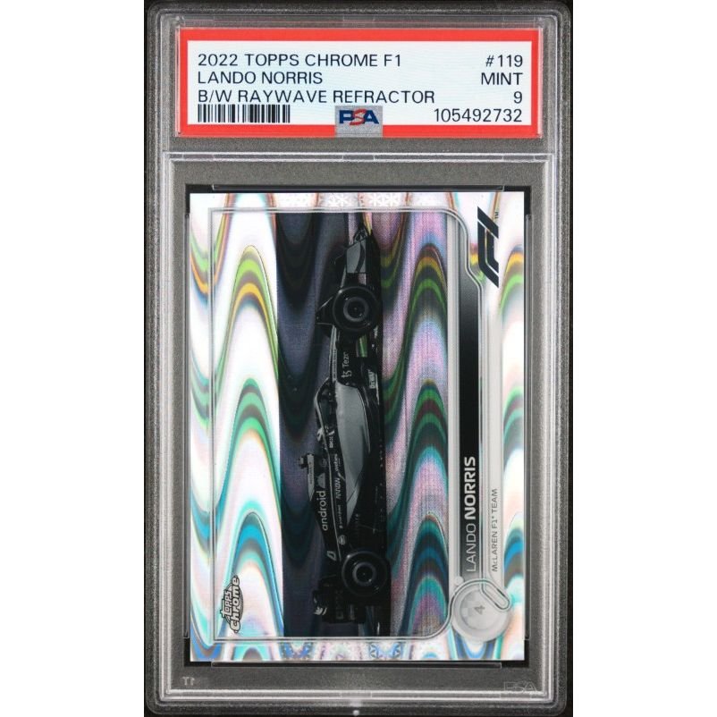 2022 Topps Chrome Formula 1 #119 Lando Norris B/W Raywave Refractor PSA 9: graded slab, front view