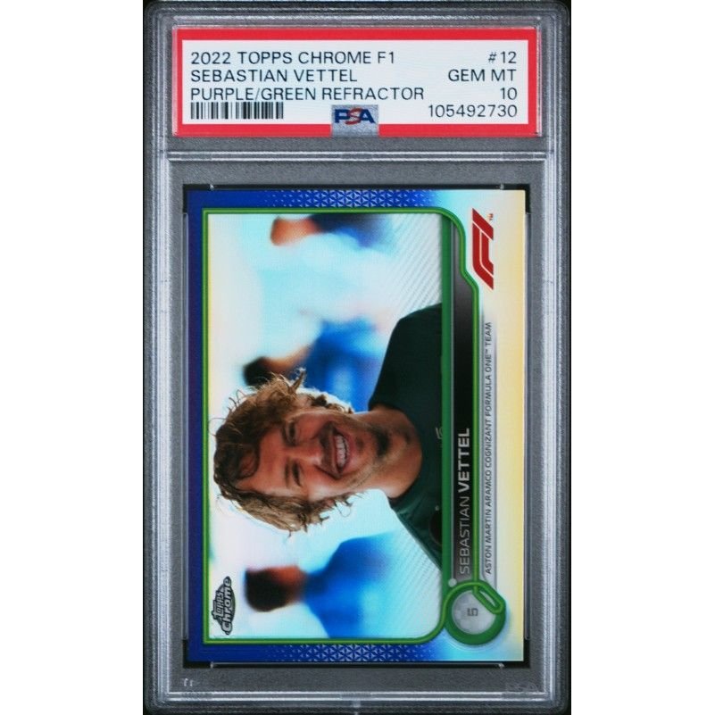2022 Topps Chrome Formula 1 #12 Sebastian Vettel Purple/Green Refractor PSA 10: graded slab, front view