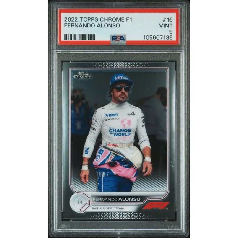 2022 Topps Chrome Formula 1 #16 Fernando Alonso PSA 9: graded slab, front view