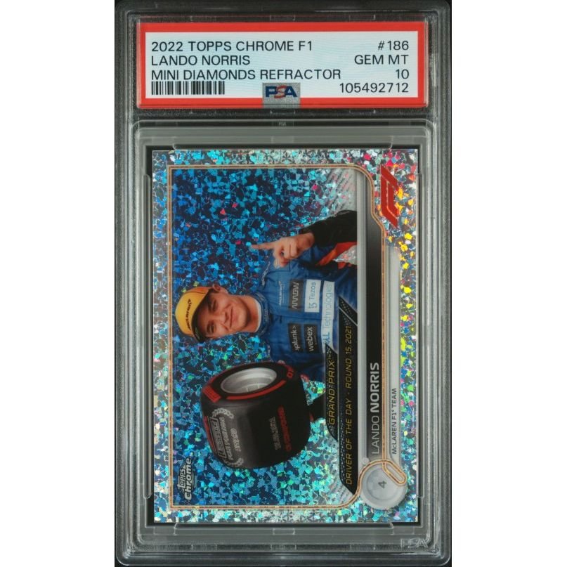 2022 Topps Chrome Formula 1 #186 Lando Norris Mini Diamonds Refractor PSA 10: graded slab, front view