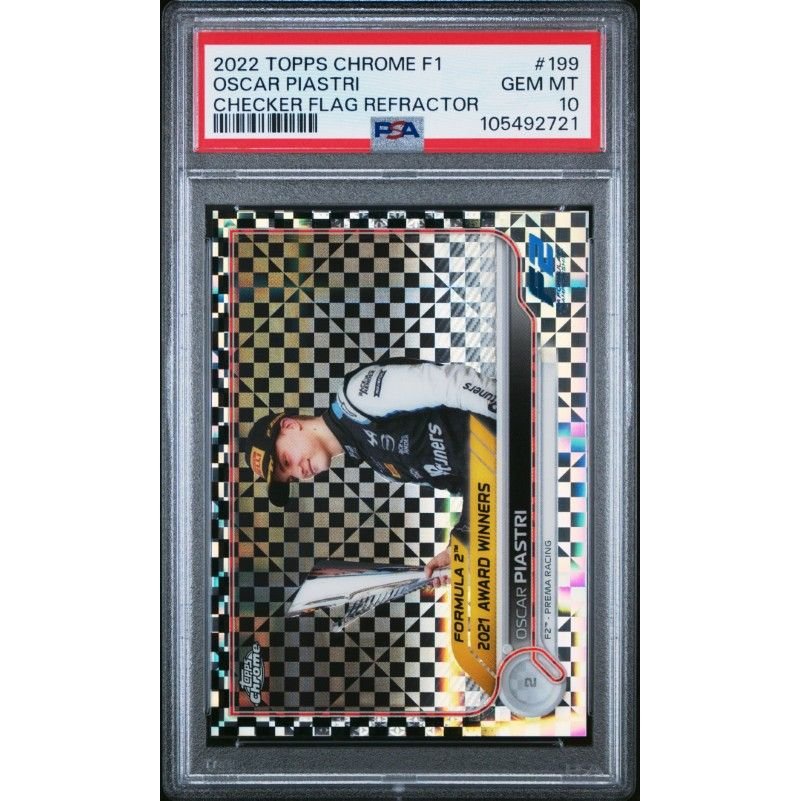 2022 Topps Chrome Formula 1 #199 Oscar Piastri Checker Flag Refractor PSA 10: graded slab, front view