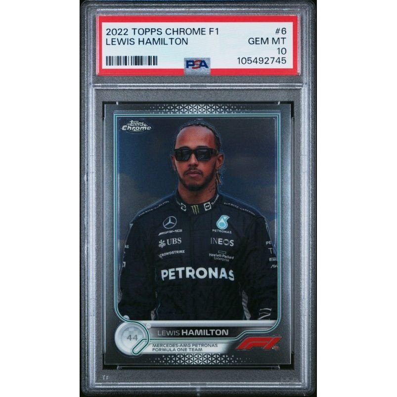2022 Topps Chrome Formula 1 #6 Lewis Hamilton PSA 10: graded slab, front view