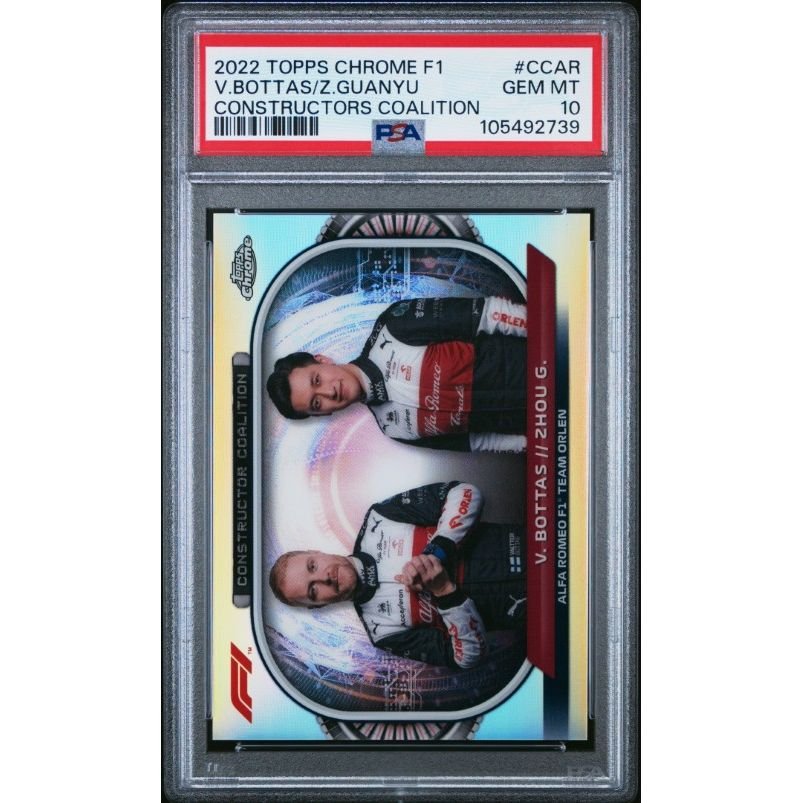 2022 Topps Chrome Formula 1 Constructors Coalition #CCAR V.Bottas/Z.Guanyu Constructors Coalition PSA 10: graded slab, front view