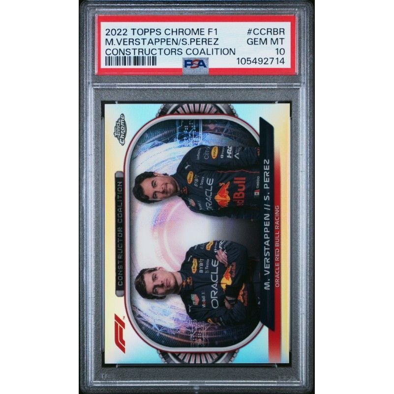 2022 Topps Chrome Formula 1 Constructors Coalition #CCRBR M.Verstappen/S.Perez Constructors Coalition PSA 10: graded slab, front view