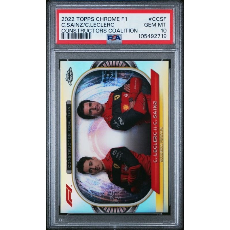 2022 Topps Chrome Formula 1 Constructors Coalition #CCSF C.Sainz/C.Leclerc Constructors Coalition PSA 10: graded slab, front view