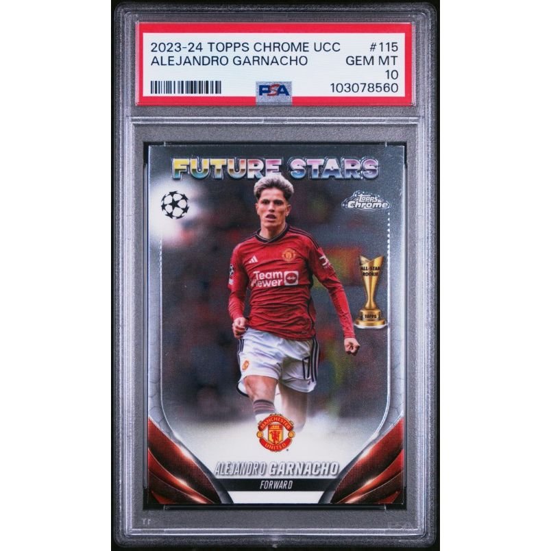 2023-24 Topps Chrome Uefa Club Competitions #115 Alejandro Garnacho PSA 10: graded slab, front view