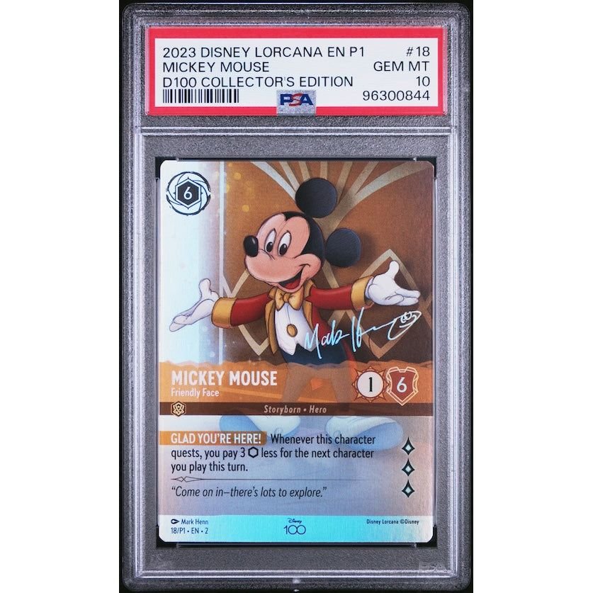 2023 Disney Lorcana En P1-Promo #18 Mickey Mouse D100 Collector's Edition PSA 10: graded slab, front view
