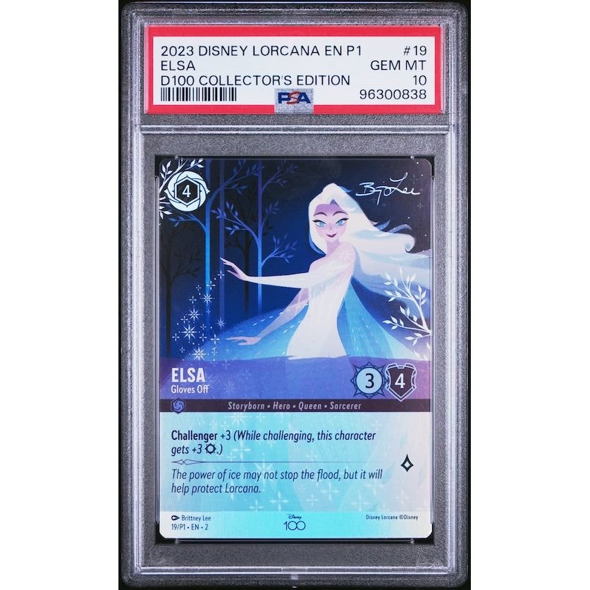 2023 Disney Lorcana En P1-Promo #19 Elsa D100 Collector's Edition PSA 10: graded slab, front view