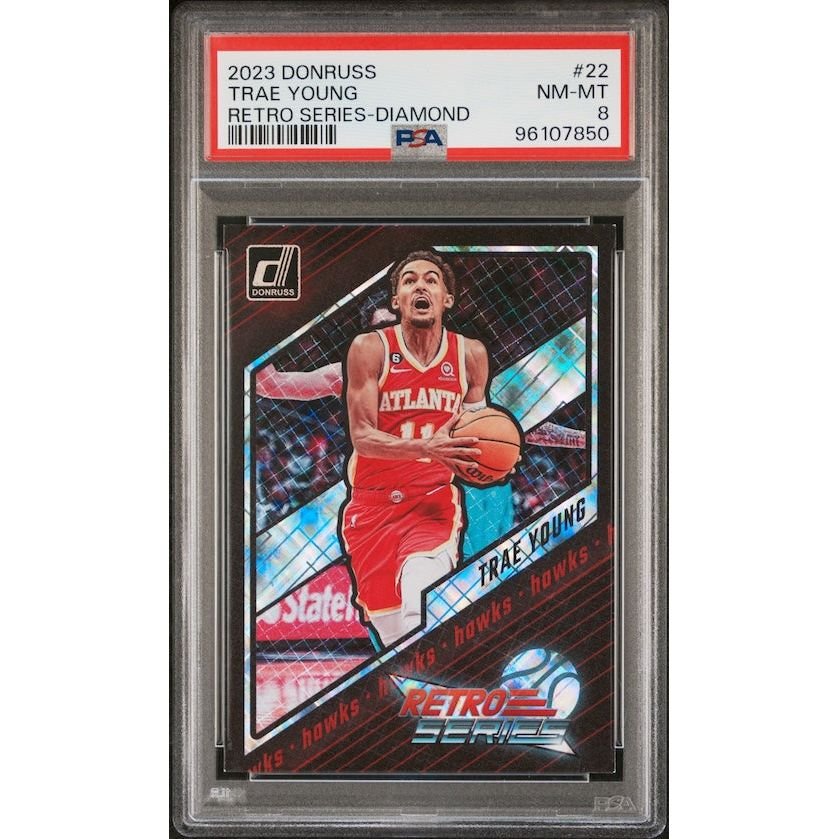 2023 Panini NBA Donruss Retro Series #22 Trae Young Retro Series-Diamond PSA 8: graded slab, front view