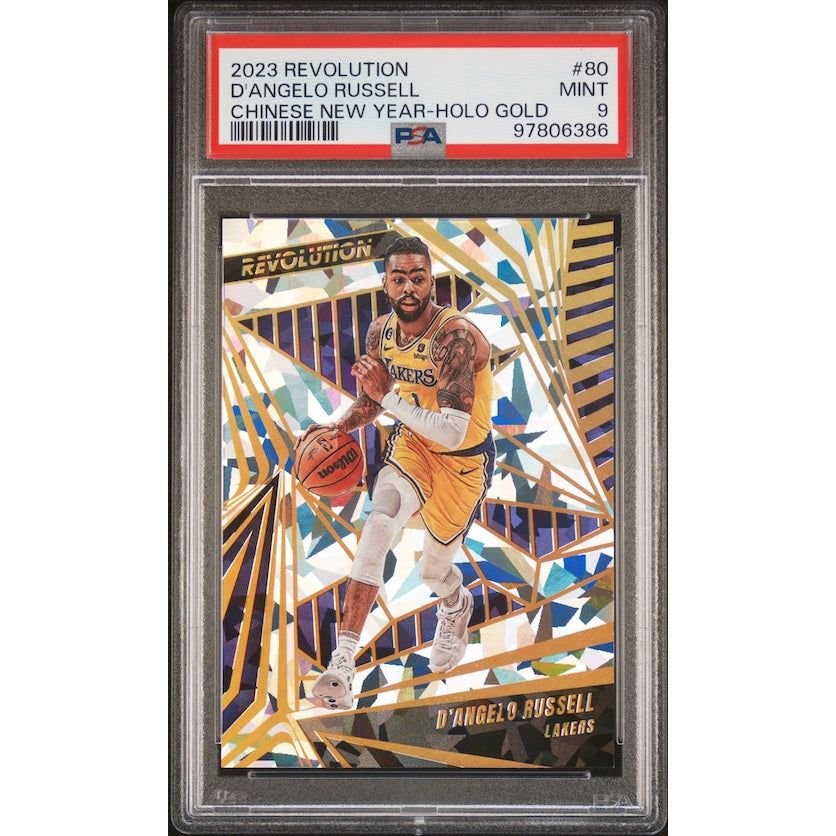 2023 Panini Revolution #80 D'Angelo Russell Chinese New Year-Holo Gold (#'d 6/8) PSA 9: graded slab, front view