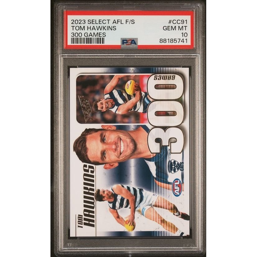 2023 Select AFL Footy Stars 300 Games #CC91 Tom Hawkins (#'d 294/300) PSA 10: graded slab, front view