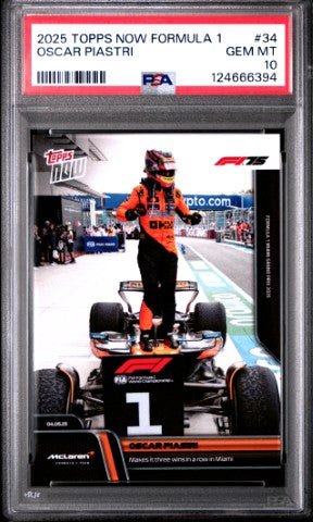 2025 Topps Now Formula 1 #34 Oscar Piastri PSA 10: graded slab, front view