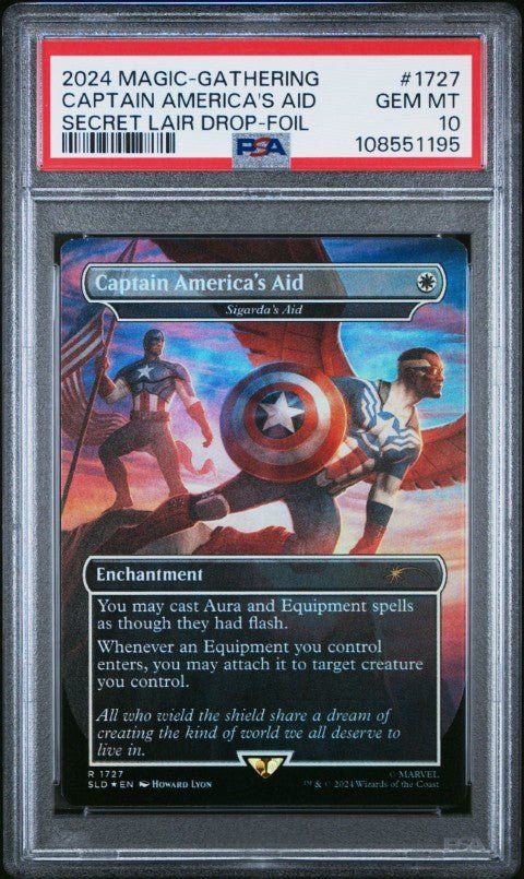 2024 Magic The Gathering Secret Lair Drop #1727 Captain America's Aid Secret Lair Drop-Foil PSA 10: graded slab, front view