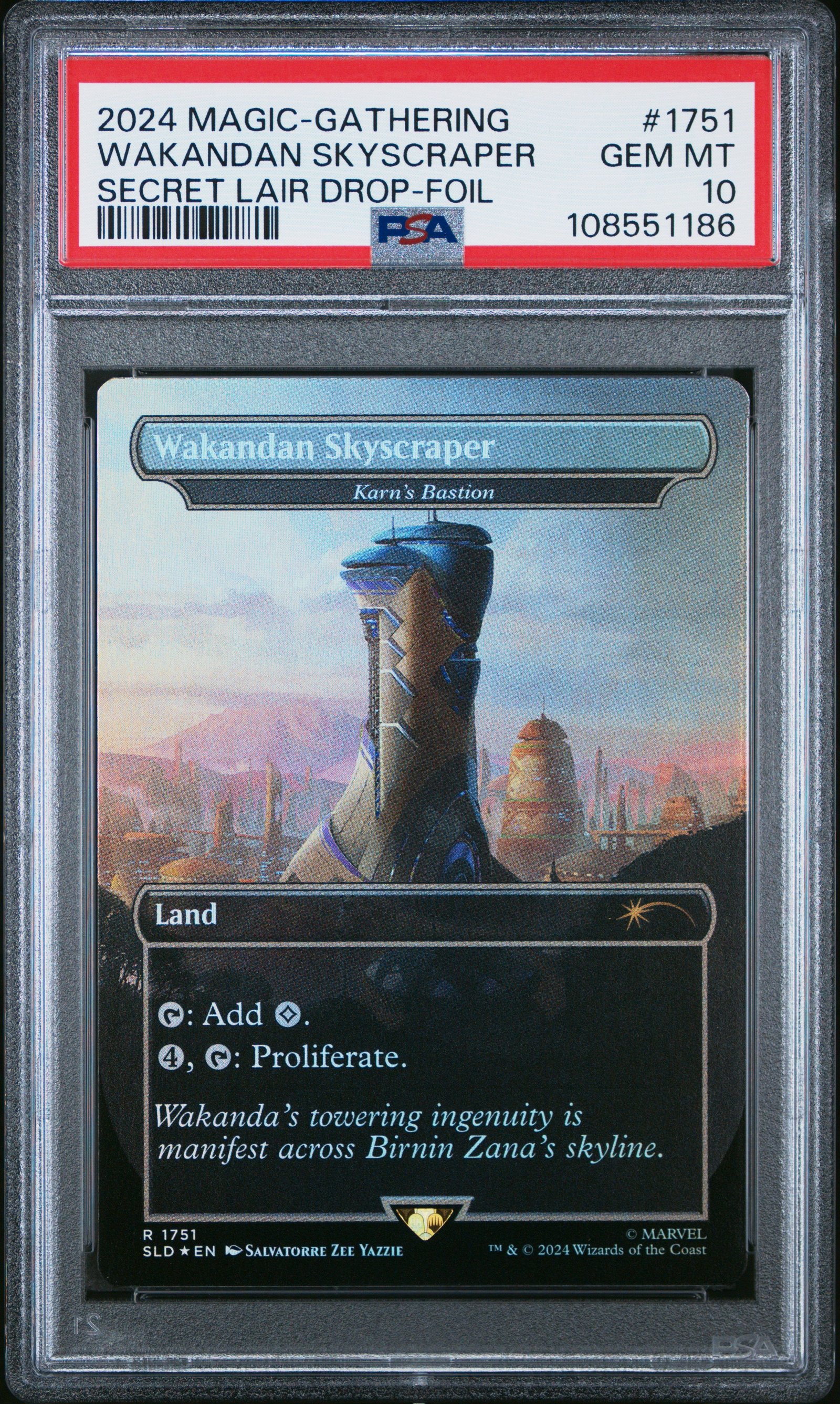 2024 Magic The Gathering Secret Lair Drop #1751 Wakandan Skyscraper Secret Lair Drop-Foil PSA 10: graded slab, front view