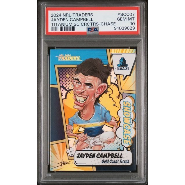 2024 NRL Traders Titanium - Jayden Campbell SCC07 (#'d 55/60) - PSA 10 (GEM MINT): graded slab, front view