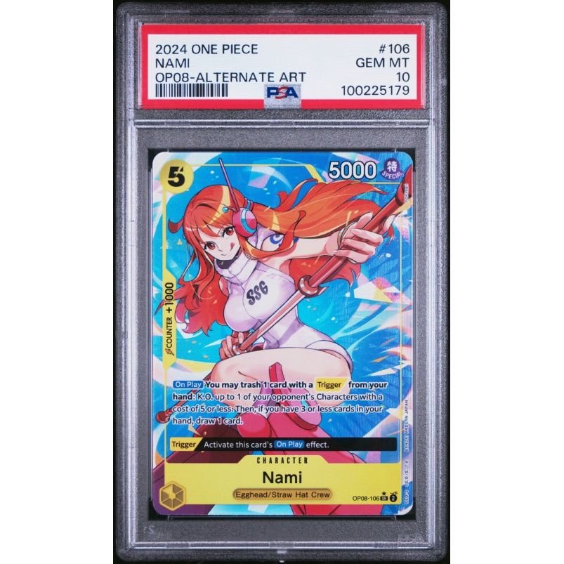 2024 One Piece Op08-Two Legends #106 Nami Alternate Art PSA 10: graded slab, front view