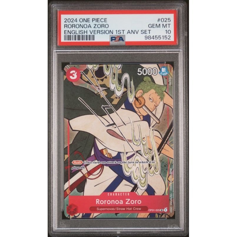 2024 One Piece English Version 1st Anniversary Set #025 Roronoa Zoro English Version 1st Anv Set PSA 10: graded slab, front view