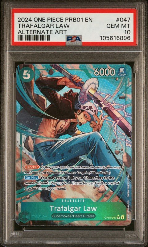 2024 One Piece Prb01-Premium Booster -One Piece Card The Best- #047 Trafalgar Law Alternate Art PSA 10: graded slab, front view