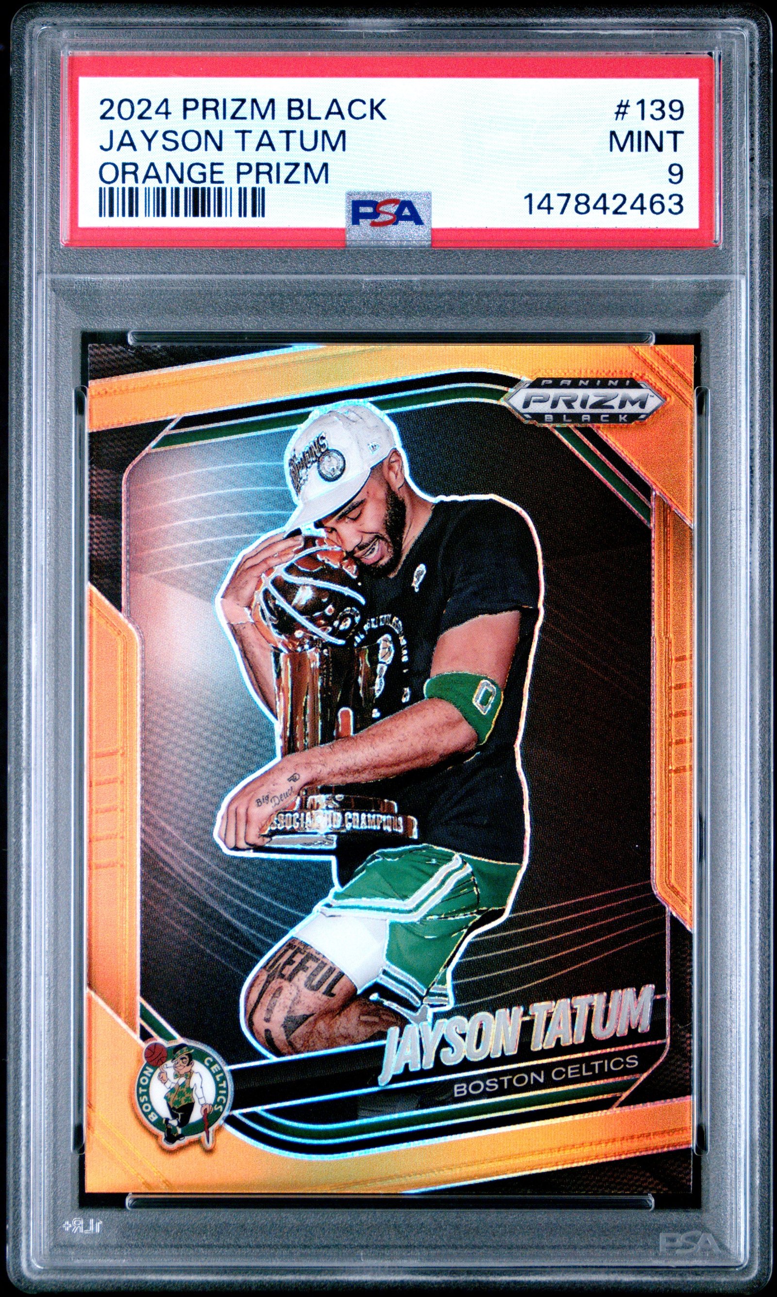 2024 PANINI PRIZM BLACK #139 JAYSON TATUM ORANGE PRIZM PSA 9: graded slab, front view