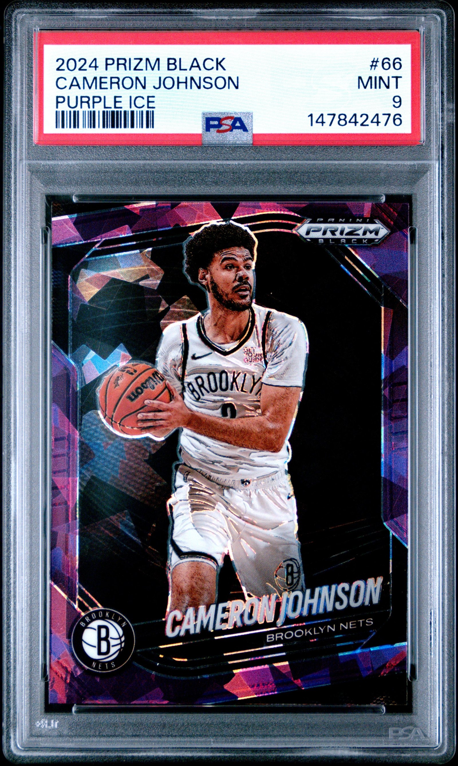 2024 PANINI PRIZM BLACK #66 CAMERON JOHNSON PURPLE ICE PSA 9: graded slab, front view