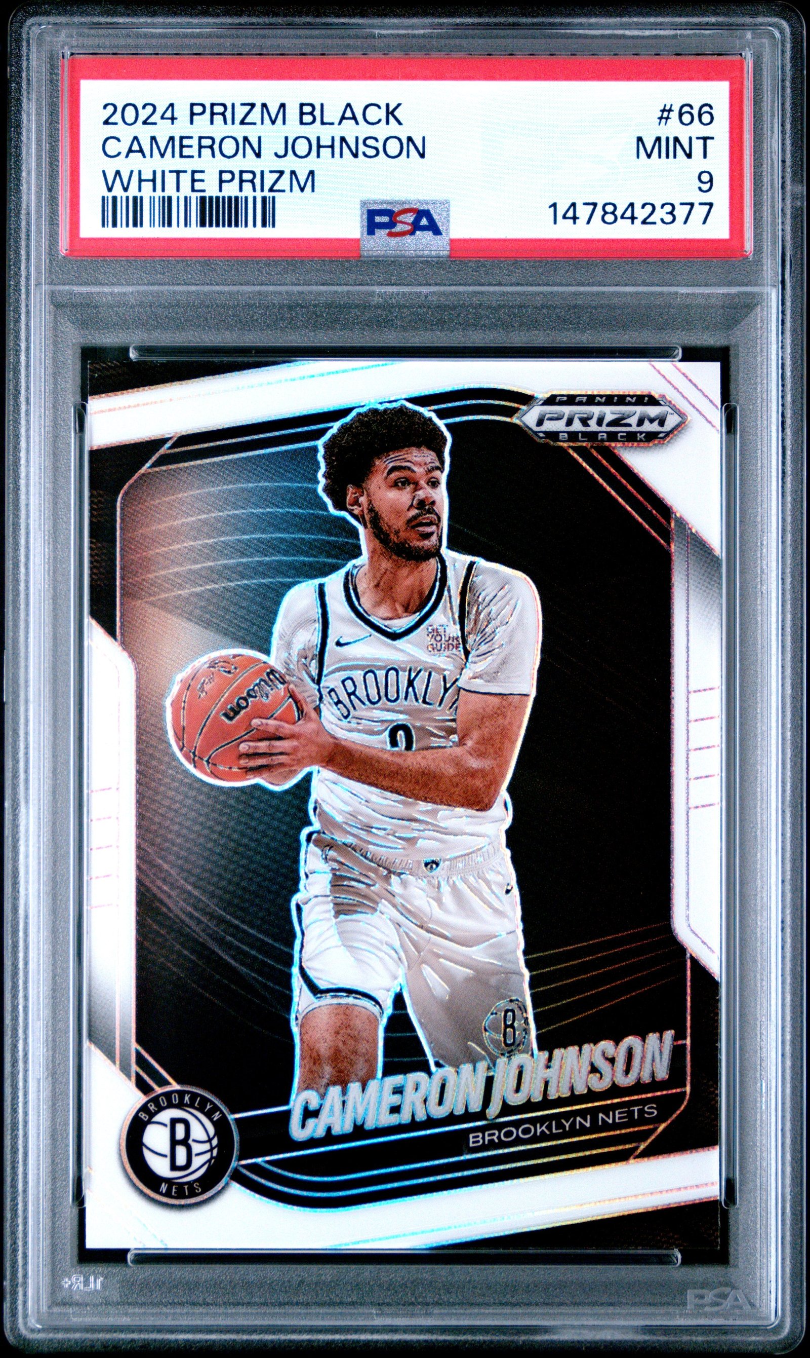 2024 PANINI PRIZM BLACK #66 CAMERON JOHNSON WHITE PRIZM PSA 9: graded slab, front view