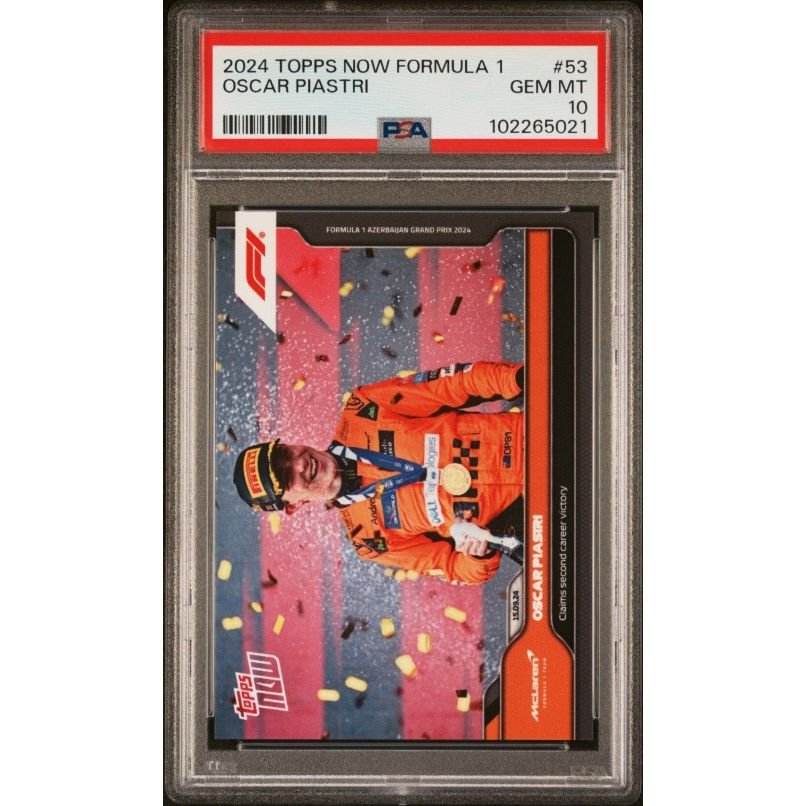 2024 Topps Now Formula 1 #53 Oscar Piastri PSA 10: graded slab, front view