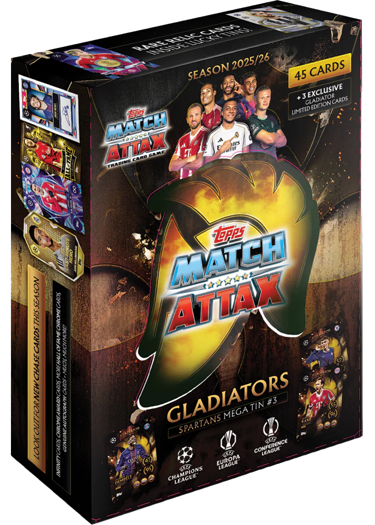 2025-26 Topps Match Attax UEFA Club Competitions Soccer Mega Tin - Spartans, sealed product, product photo