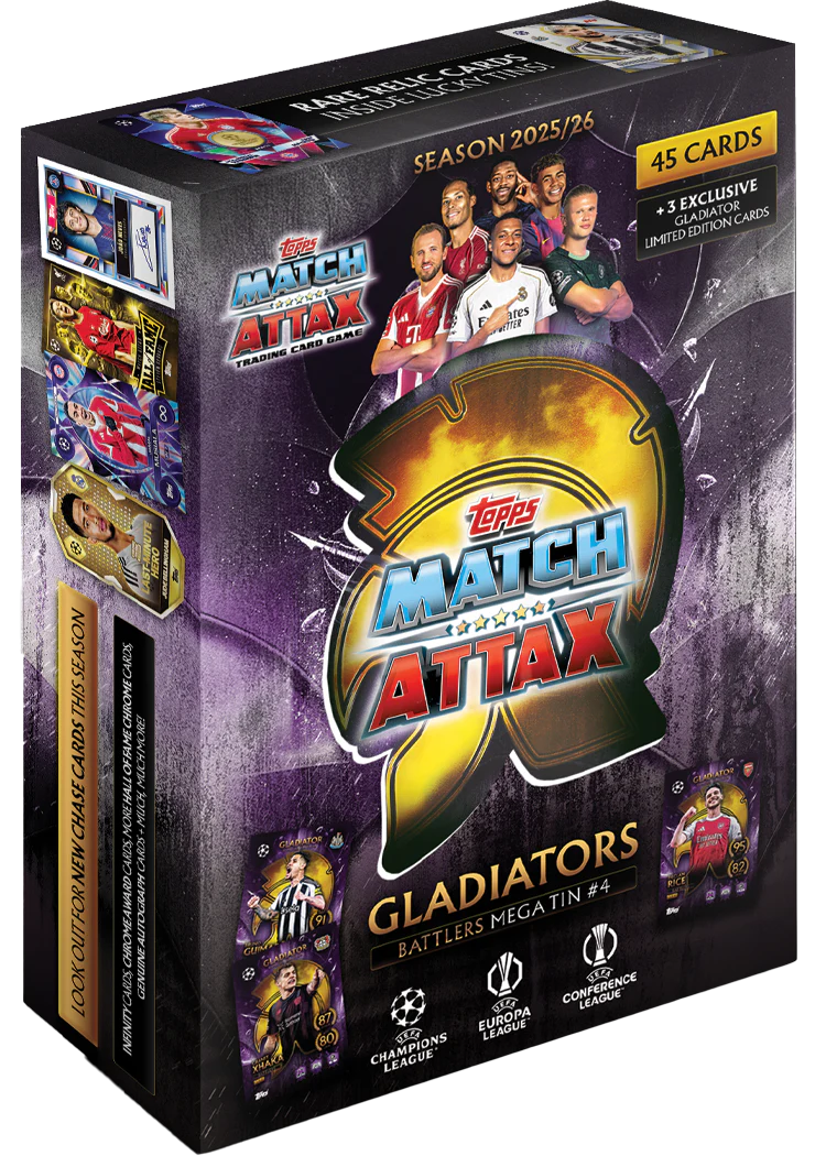 2025-26 Topps Match Attax UEFA Club Competitions Soccer Mega Tin - Battlers, sealed product, product photo