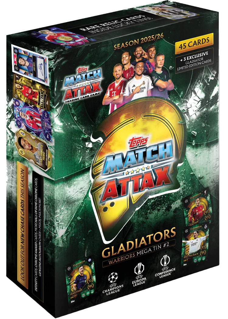 2025-26 Topps Match Attax UEFA Club Competitions Soccer Mega Tin - Warriors, sealed product, product photo