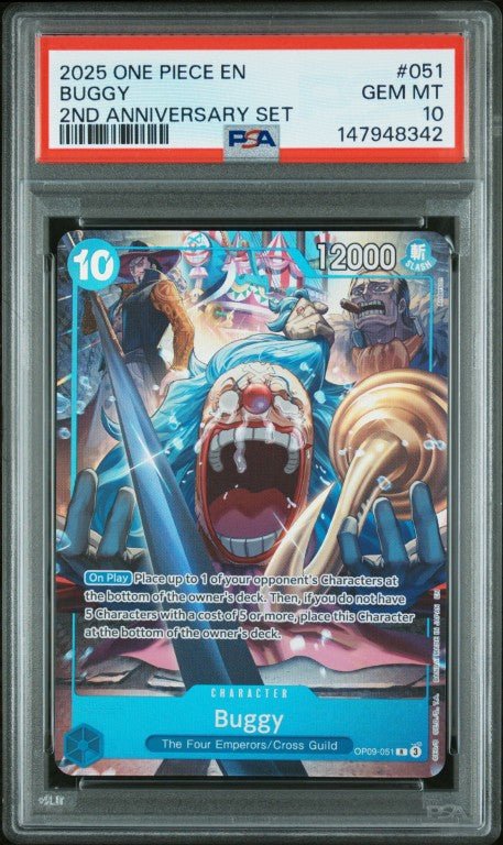 2025 One Piece English Version 2nd Anniversary Set #051 Buggy PSA 10: graded slab, front view