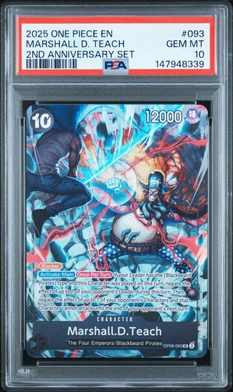 2025 One Piece English Version 2nd Anniversary Set #093 Marshall D. Teach PSA 10: graded slab, front view