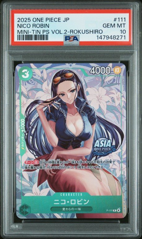 2025 One Piece Japanese Mini-Tin Pack Set Vol.2 #111 Nico Robin Mini-Tin Ps Vol.2-Rokushiro PSA 10: graded slab, front view