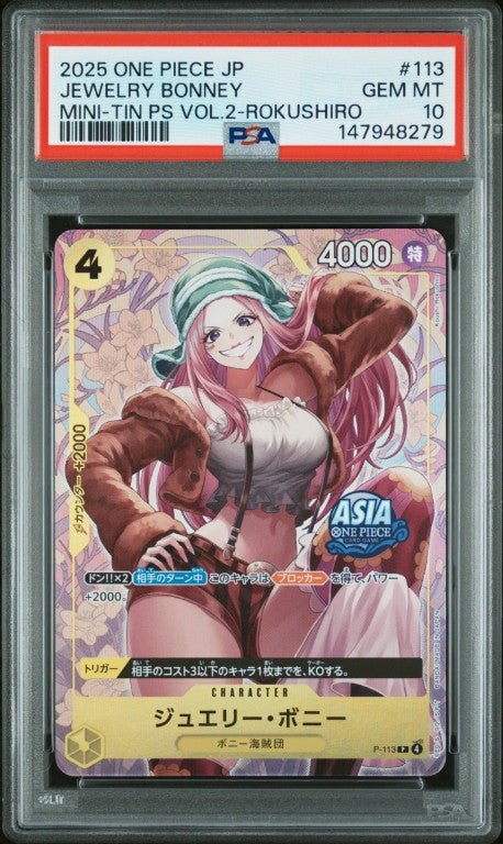 2025 One Piece Japanese Mini-Tin Pack Set Vol.2 #113 Jewelry Bonney Mini-Tin Ps Vol.2-Rokushiro PSA 10: graded slab, front view