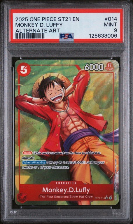 2025 One Piece Starter Deck St21-Ex Gear 5 #014 Monkey D. Luffy Alternate Art PSA 9: graded slab, front view