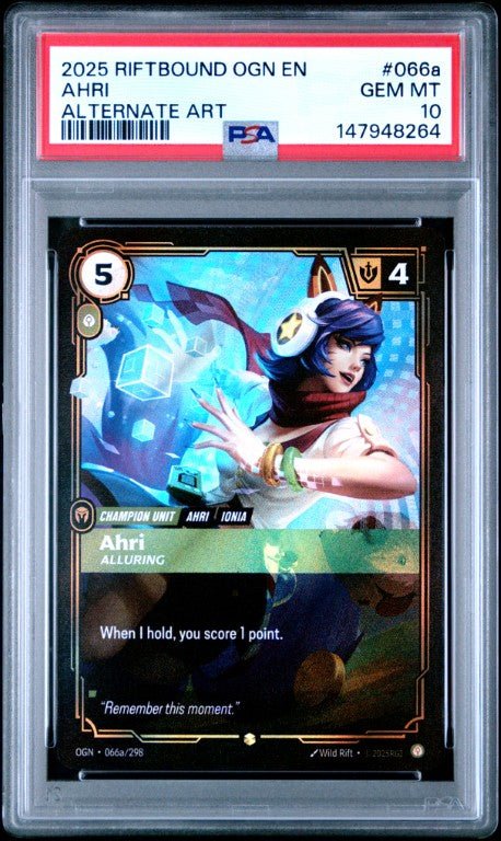 2025 Riftbound: League Of Legends Ogn-Origins #066a Ahri Alternate Art PSA 10: graded slab, front view